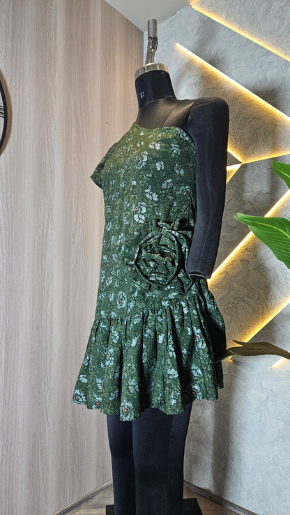 080-D-HOB Elegant One-Shoulder Green Floral Ruffle Dress – Made in India