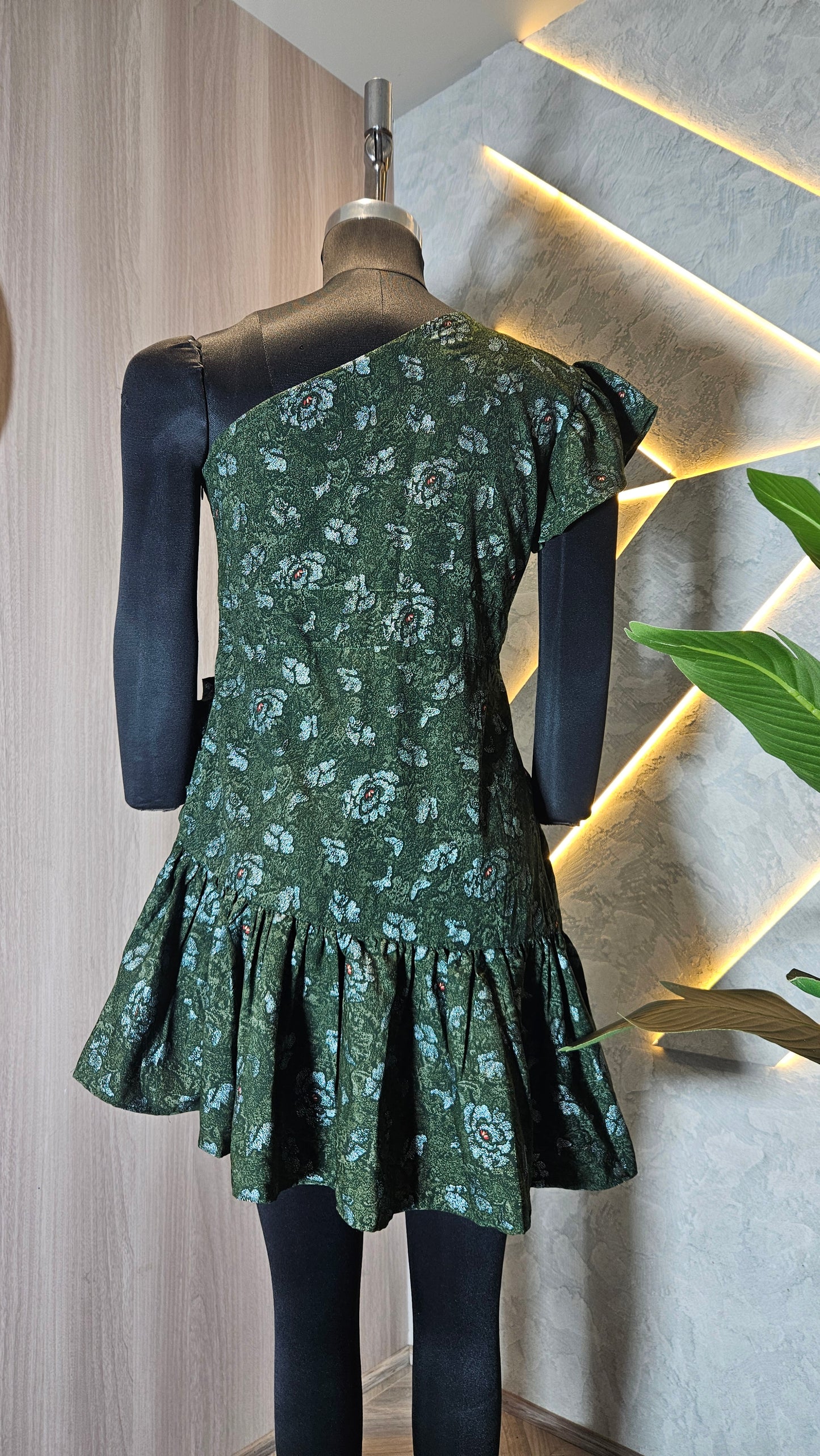 080-D-HOB Elegant One-Shoulder Green Floral Ruffle Dress – Made in India