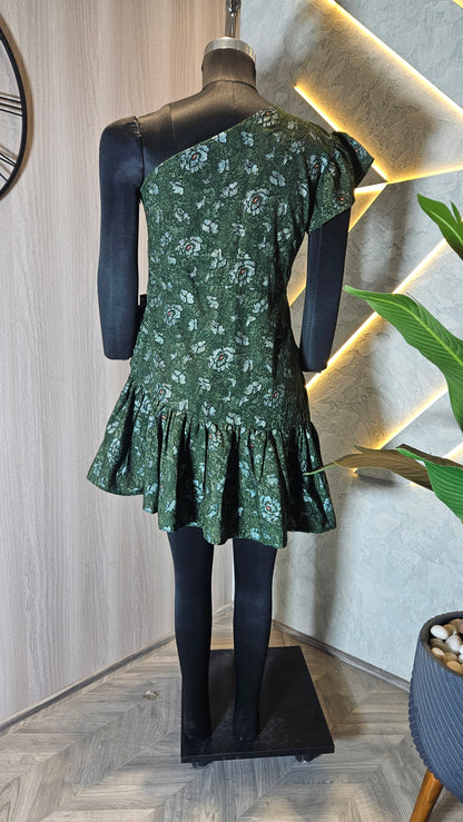 080-D-HOB Elegant One-Shoulder Green Floral Ruffle Dress – Made in India