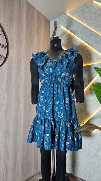 081-D-HOB Women's Ruffled Sleeveless Floral Mini Dress – Made in India