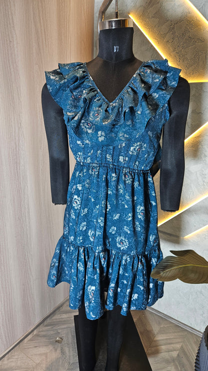 081-D-HOB Women's Ruffled Sleeveless Floral Mini Dress – Made in India