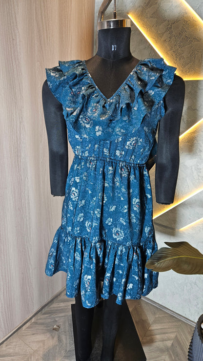 081-D-HOB Women's Ruffled Sleeveless Floral Mini Dress – Made in India