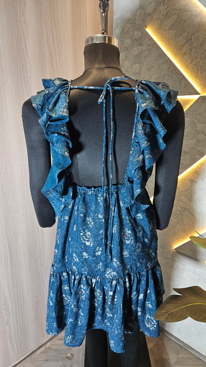 081-D-HOB Women's Ruffled Sleeveless Floral Mini Dress – Made in India