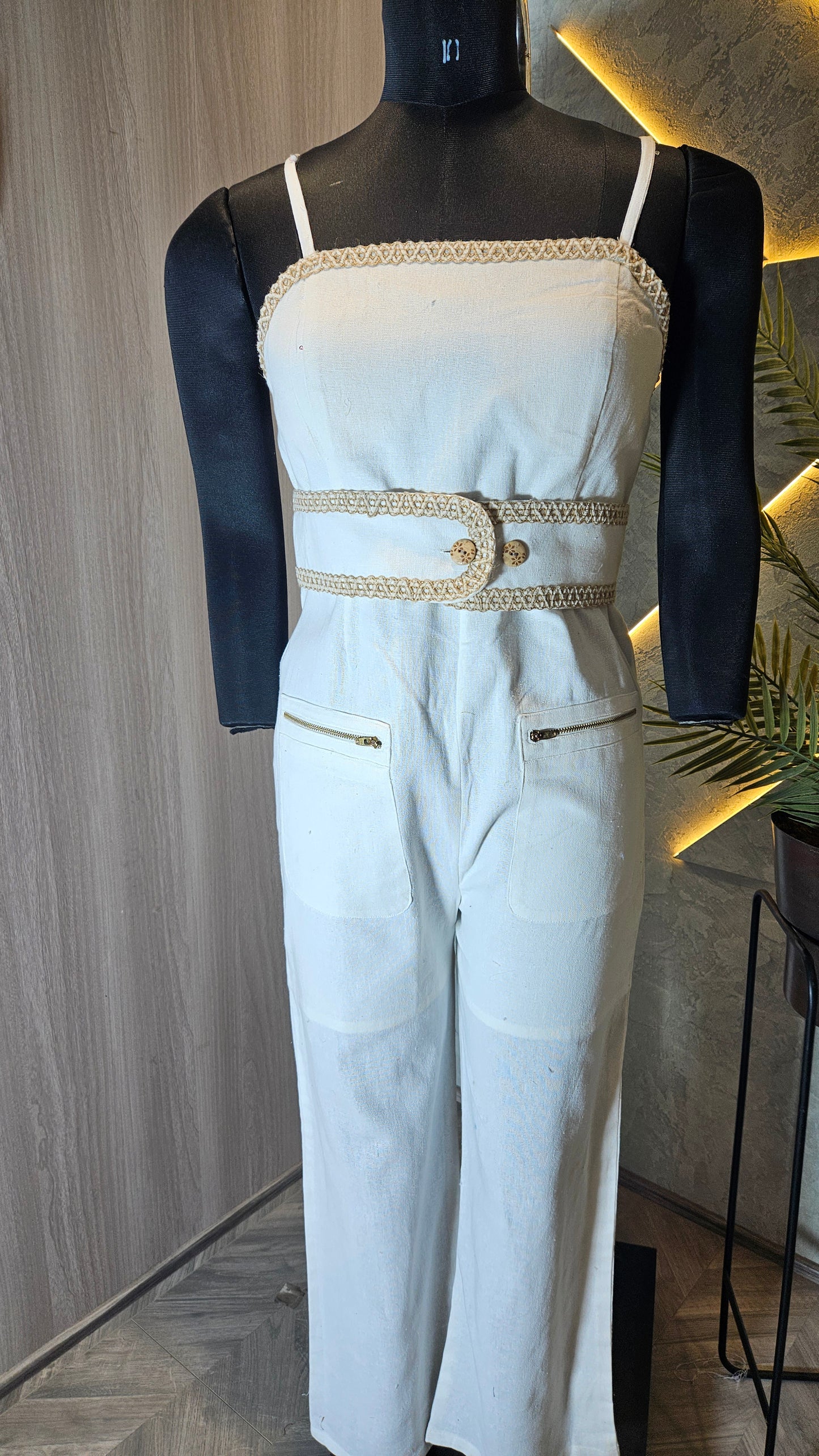 096-JS-HOB Women's Handcrafted Cotton Jumpsuit with Decorative Lace Belt – Made in India