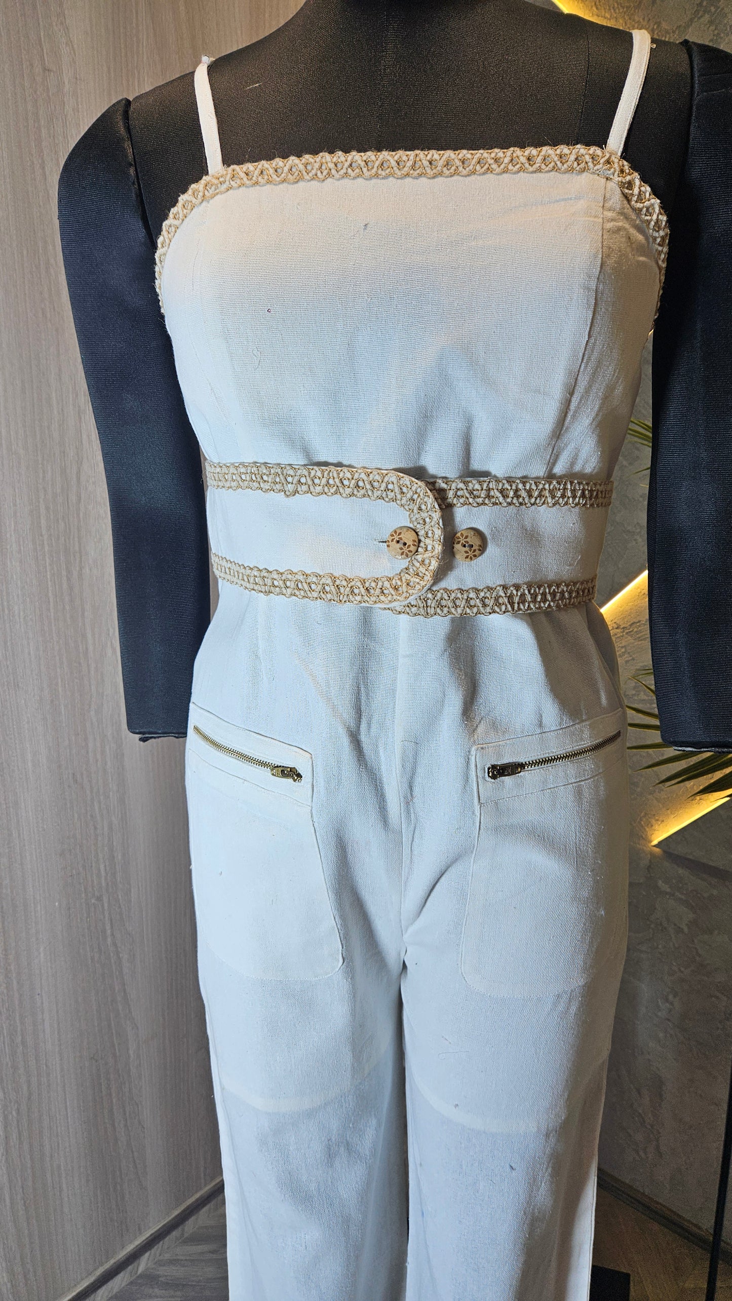 096-JS-HOB Women's Handcrafted Cotton Jumpsuit with Decorative Lace Belt – Made in India