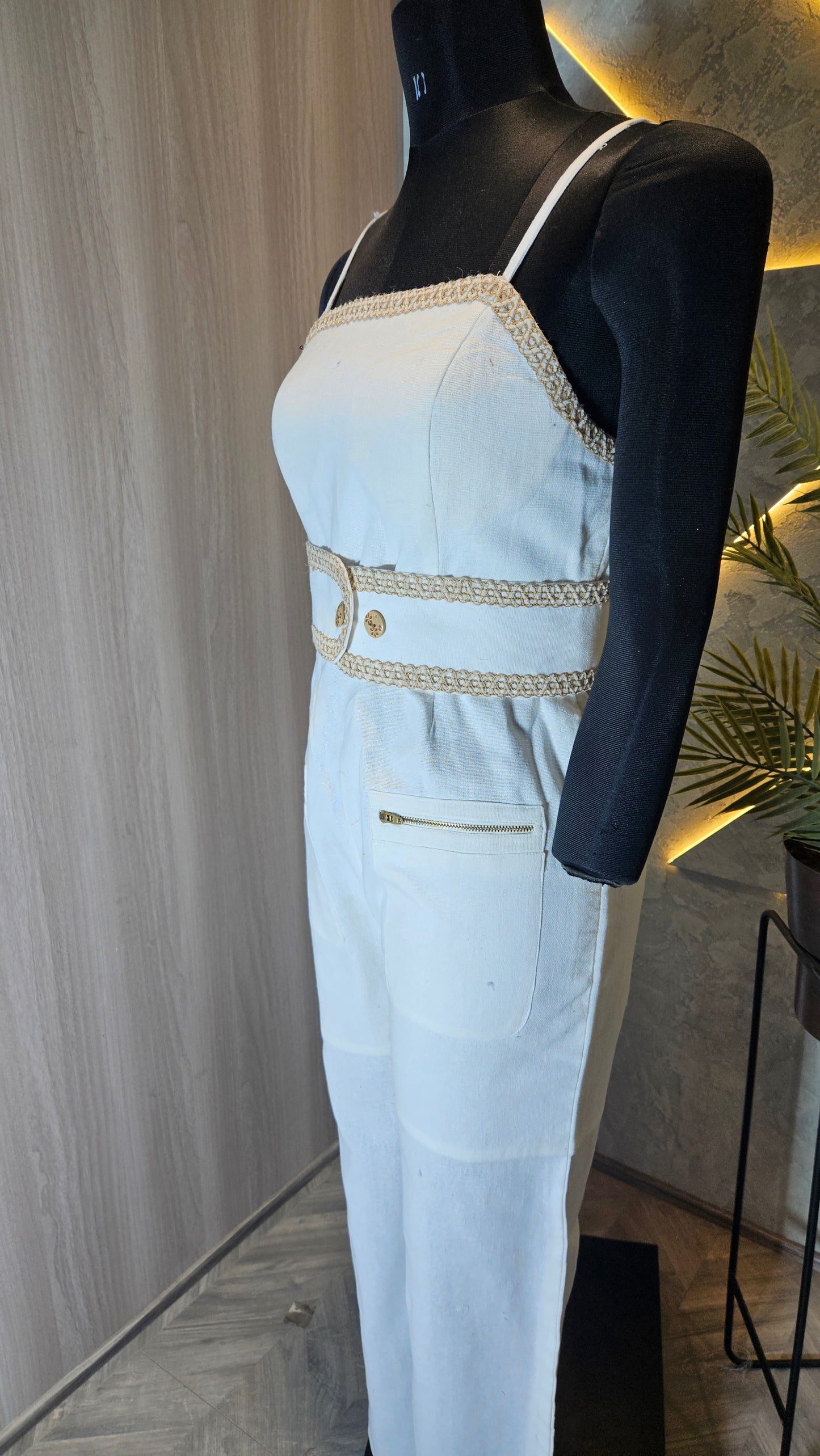 096-JS-HOB Women's Handcrafted Cotton Jumpsuit with Decorative Lace Belt – Made in India