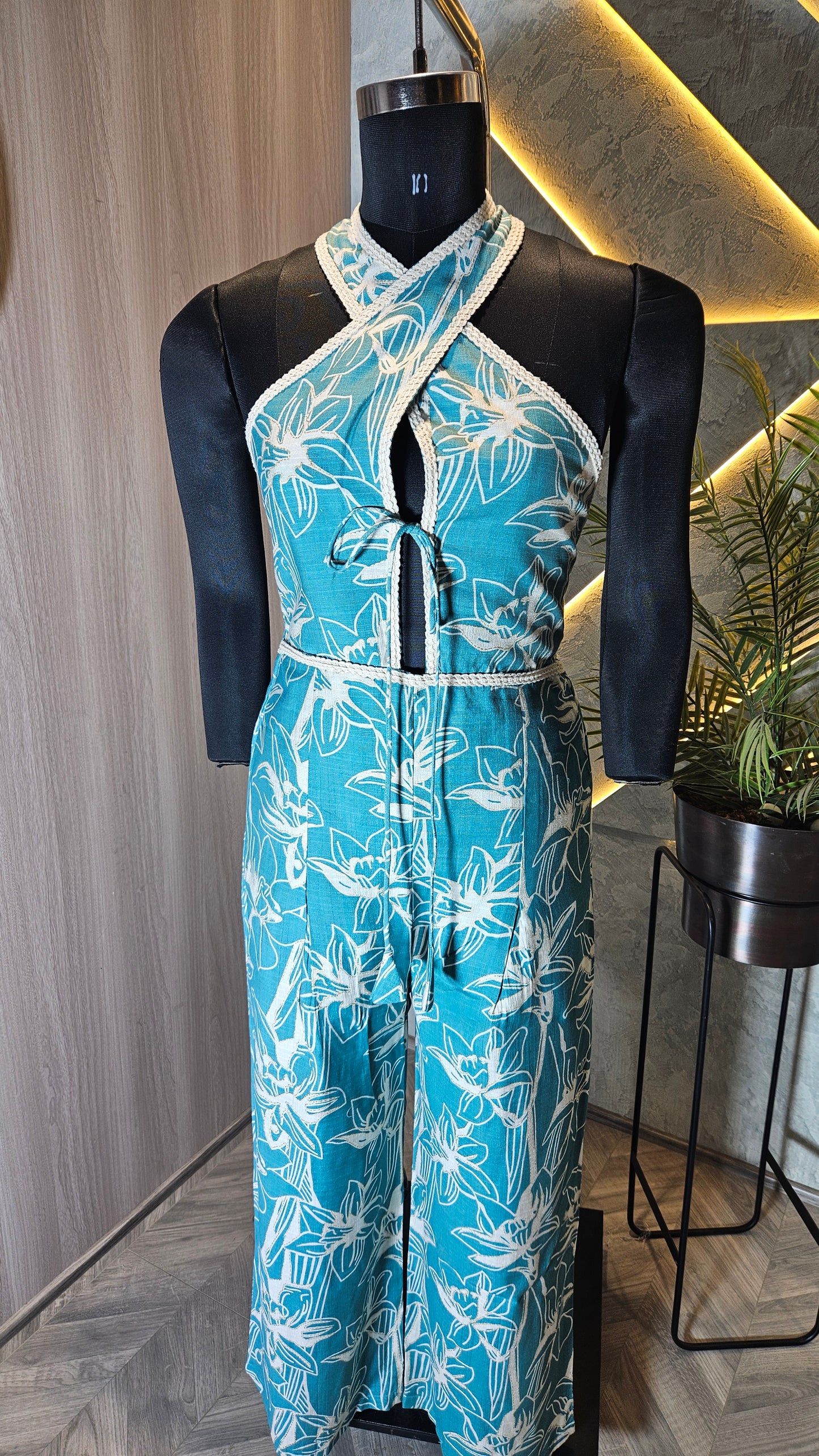 097-JS-HOB Women's Tropical Bloom Halter Jumpsuit – Handcrafted Cotton – Made in India