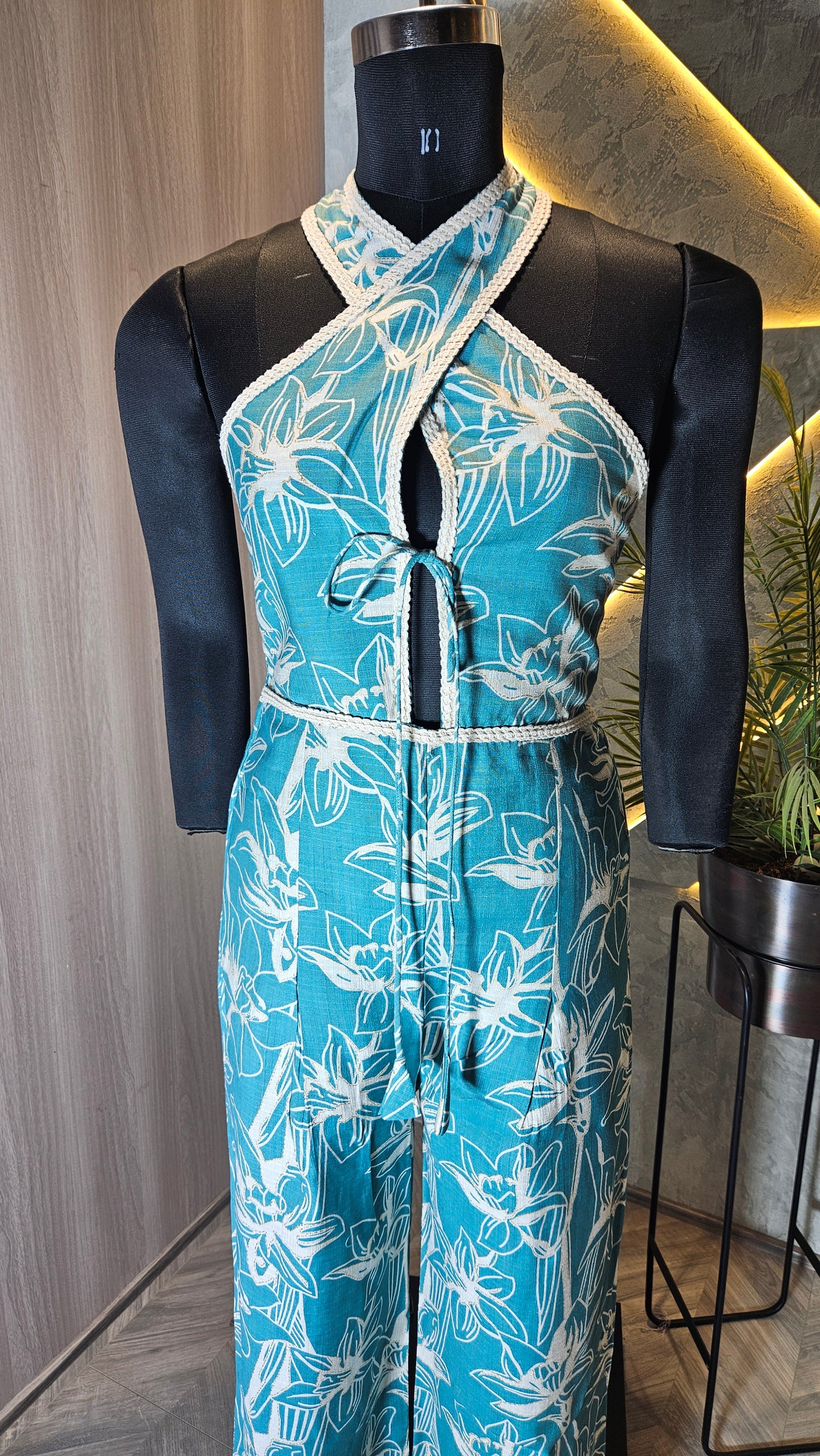 097-JS-HOB Women's Tropical Bloom Halter Jumpsuit – Handcrafted Cotton – Made in India