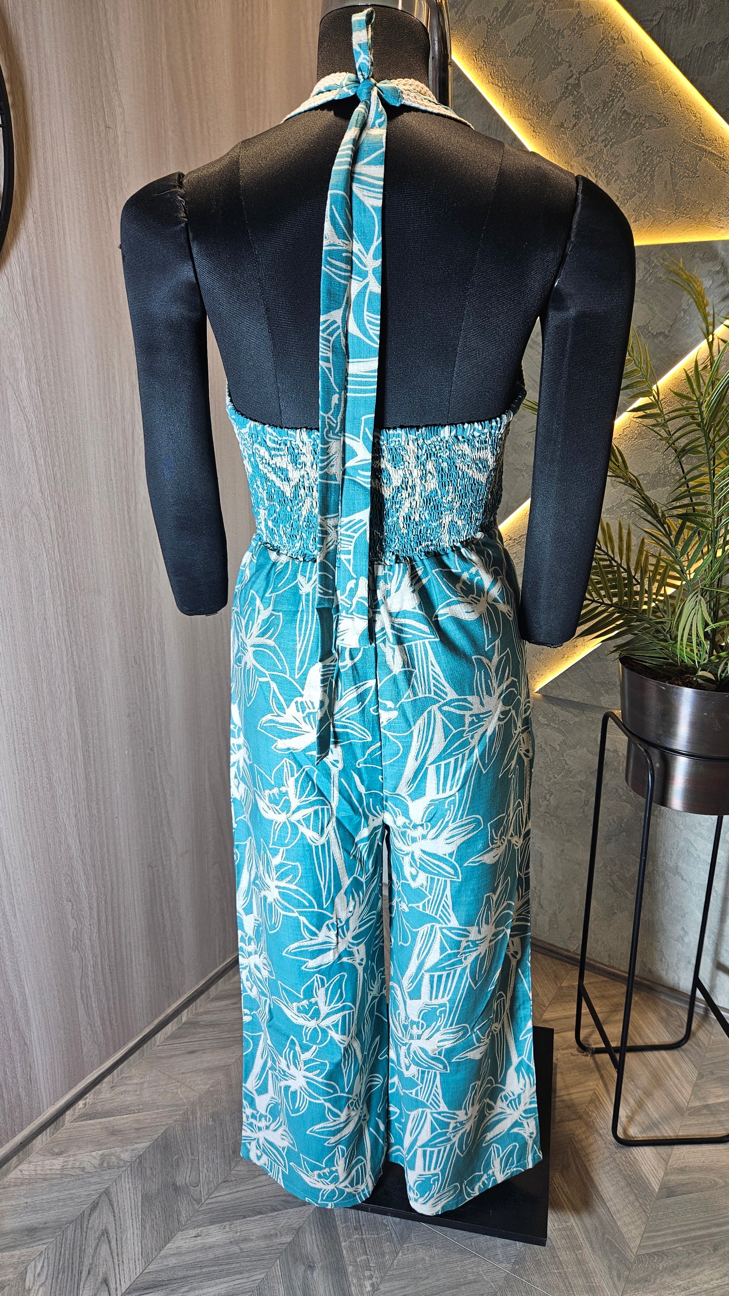 097-JS-HOB Women's Tropical Bloom Halter Jumpsuit – Handcrafted Cotton – Made in India