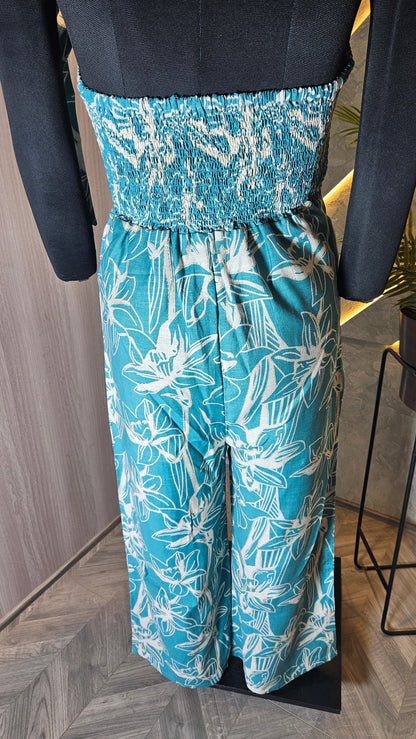 097-JS-HOB Women's Tropical Bloom Halter Jumpsuit – Handcrafted Cotton – Made in India