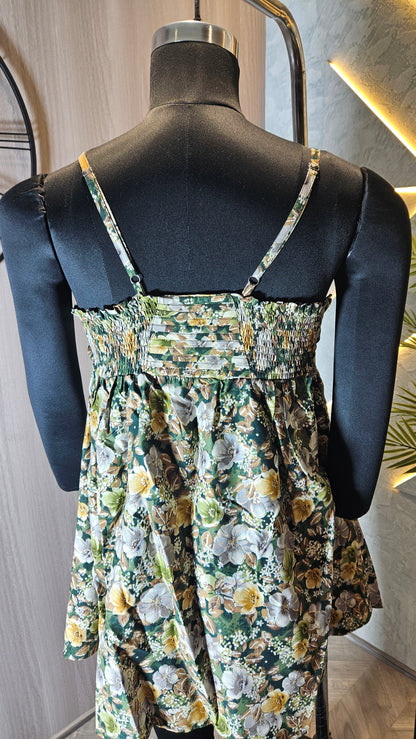 099-D-HOB Women's Floral Pleated Empire Waist Sleeveless Top – Made in India