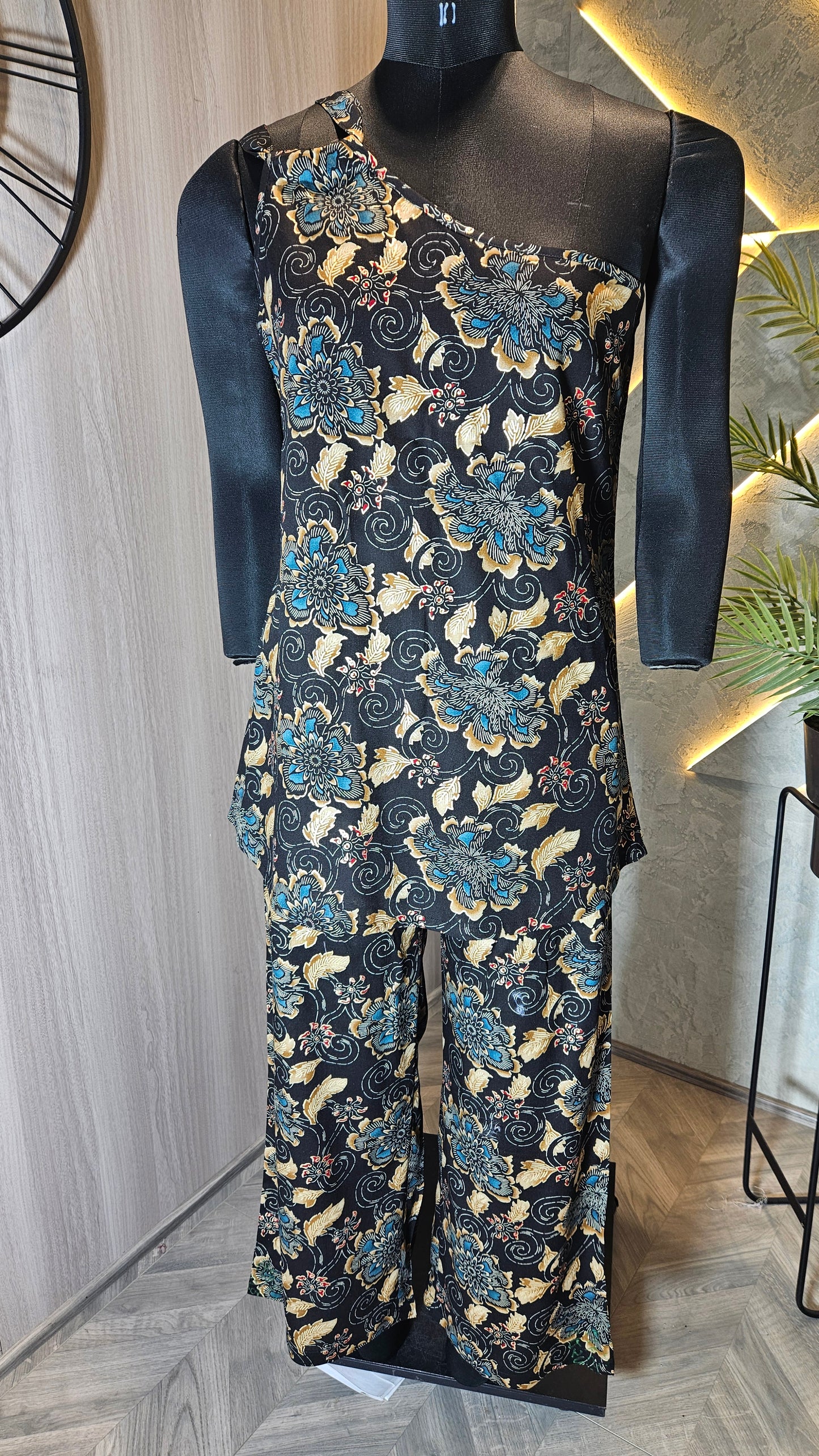 0103-C-HOB Elegant One-Shoulder Batik Floral Co-ord Set - Made in India