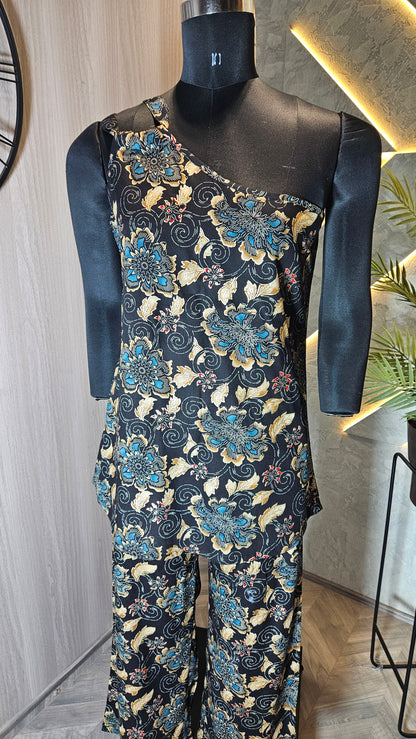 0103-C-HOB Elegant One-Shoulder Batik Floral Co-ord Set - Made in India