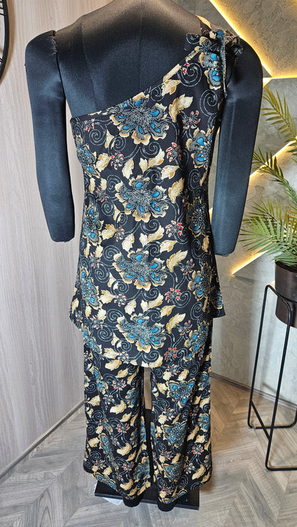 0103-C-HOB Elegant One-Shoulder Batik Floral Co-ord Set - Made in India