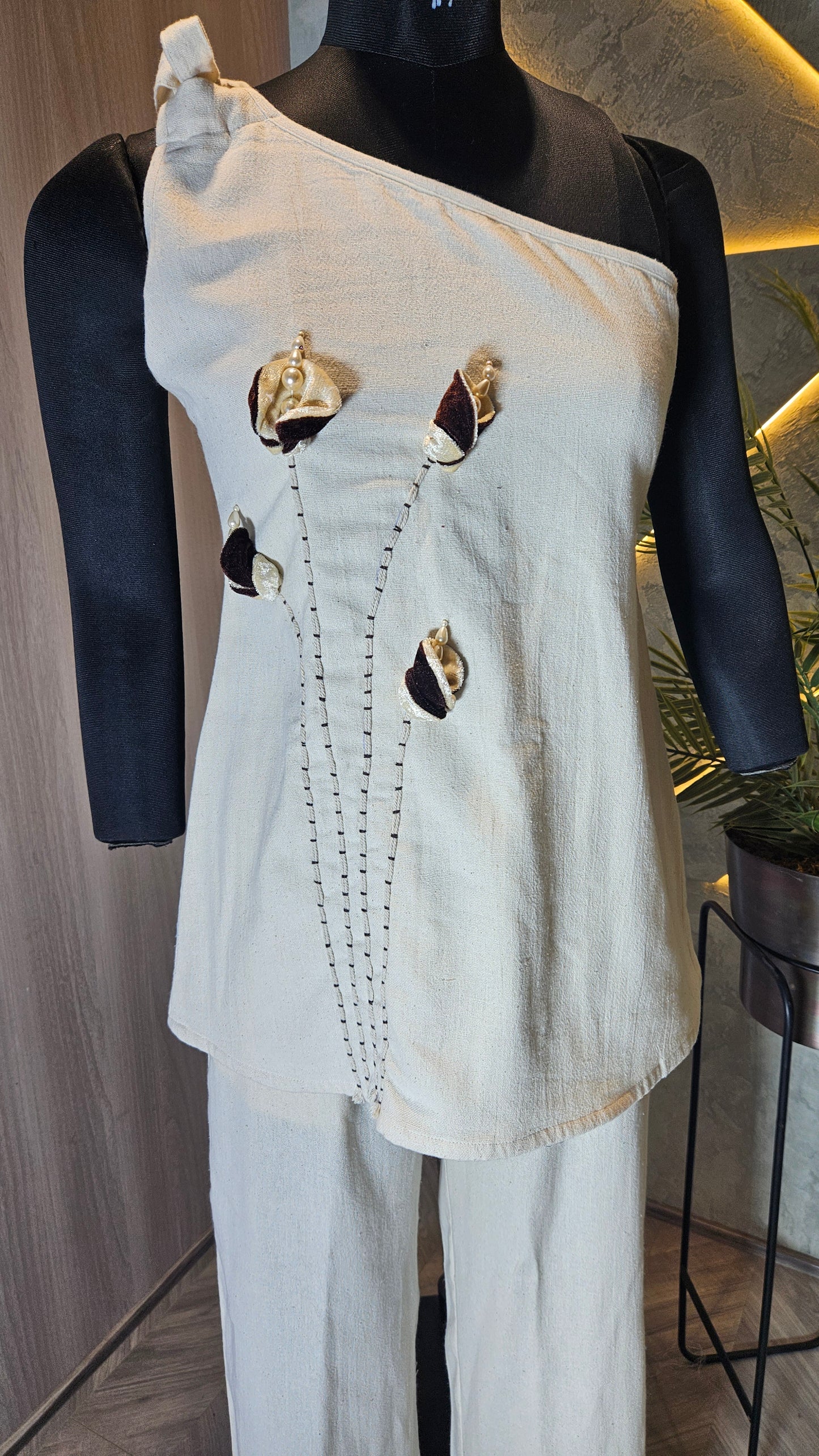 0104-C-HOB Artisanal One-Shoulder Handloom Cotton Top - Made in India