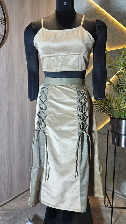 0106-C-HOB Elegant Velvet Crop Top & Corset Lace-Up Skirt Set - Made in India