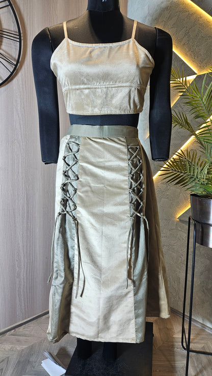 0106-C-HOB Elegant Velvet Crop Top & Corset Lace-Up Skirt Set - Made in India