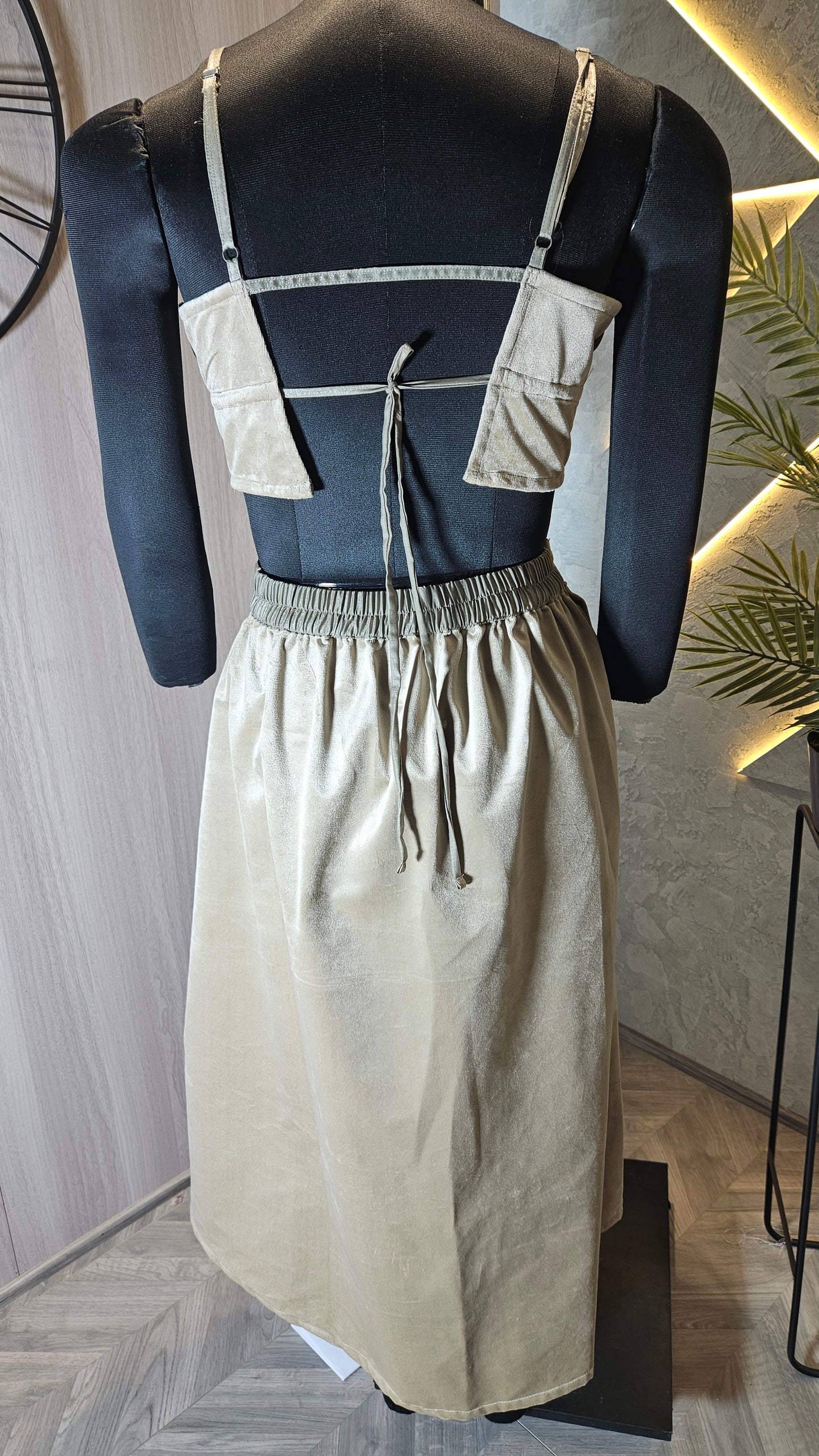 0106-C-HOB Elegant Velvet Crop Top & Corset Lace-Up Skirt Set - Made in India