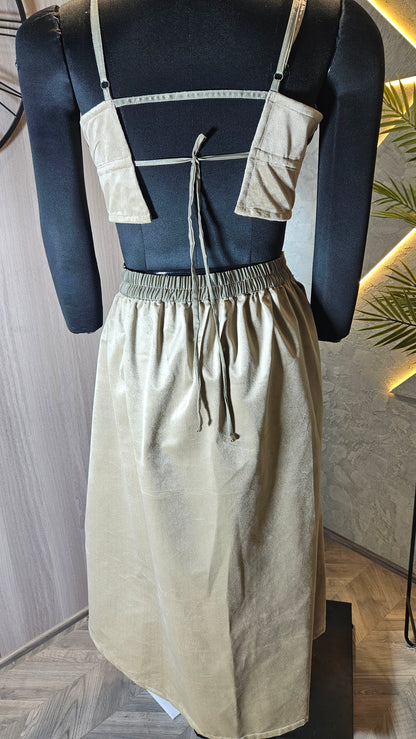 0106-C-HOB Elegant Velvet Crop Top & Corset Lace-Up Skirt Set - Made in India
