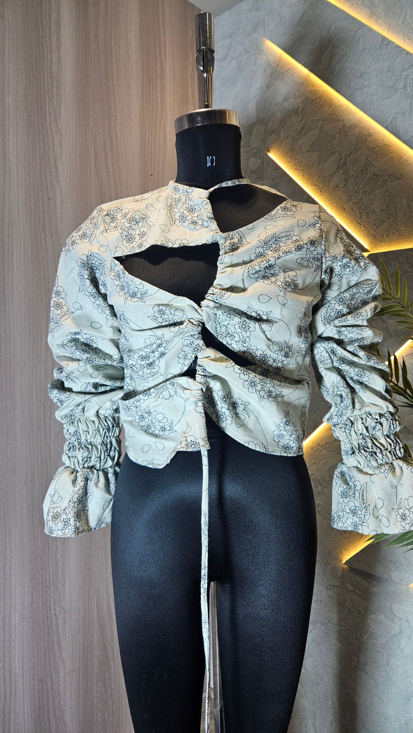 0115-T-HOB Boho Ruched Floral Cut-Out Crop Top - Made in India