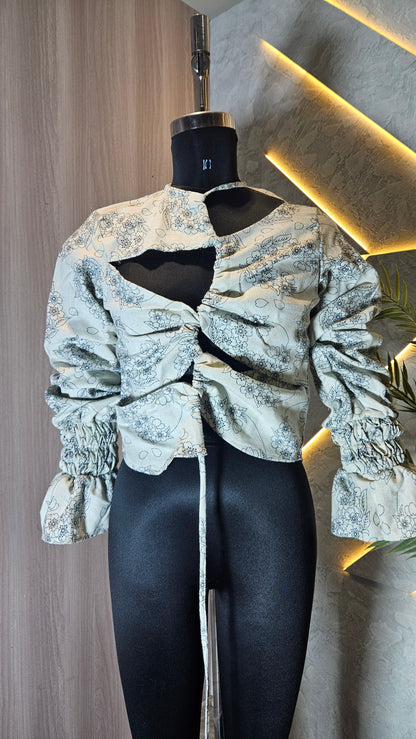 0115-T-HOB Boho Ruched Floral Cut-Out Crop Top - Made in India