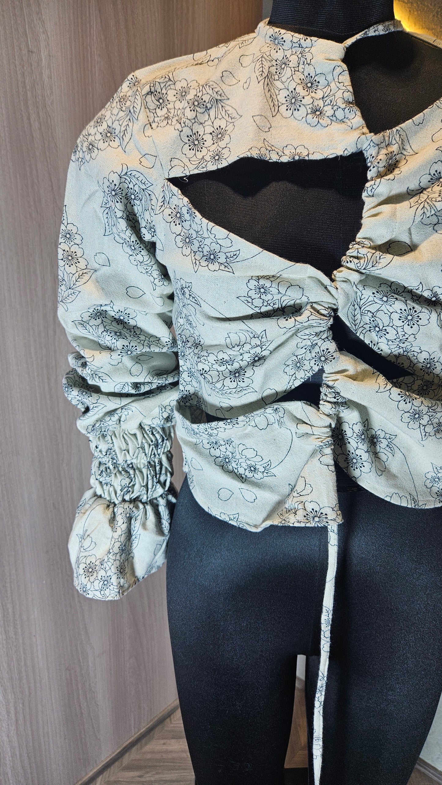 0115-T-HOB Boho Ruched Floral Cut-Out Crop Top - Made in India