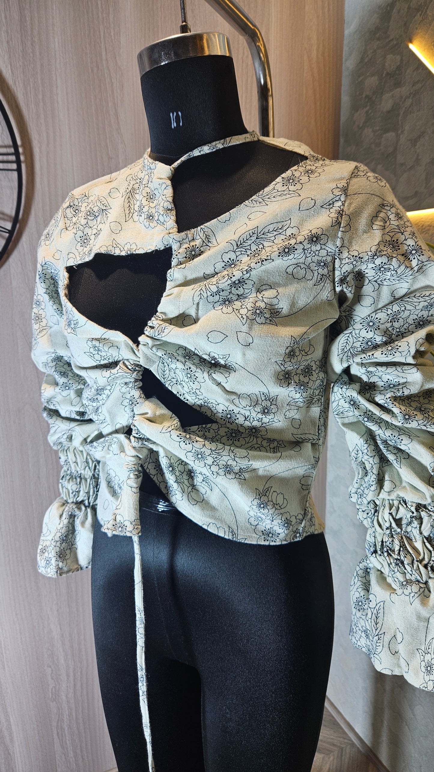 0115-T-HOB Boho Ruched Floral Cut-Out Crop Top - Made in India