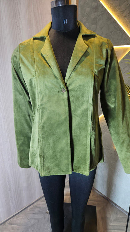 0116-J-HOB- Velvet Olive Green Blazer Jacket – Women’s Elegant Outerwear - Made in India