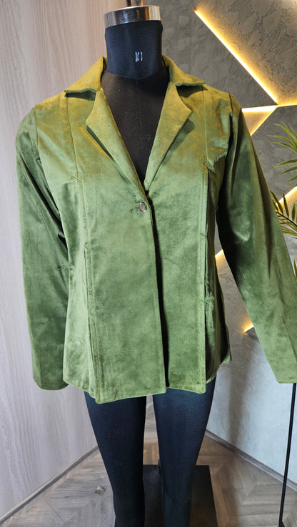 0116-J-HOB- Velvet Olive Green Blazer Jacket – Women’s Elegant Outerwear - Made in India