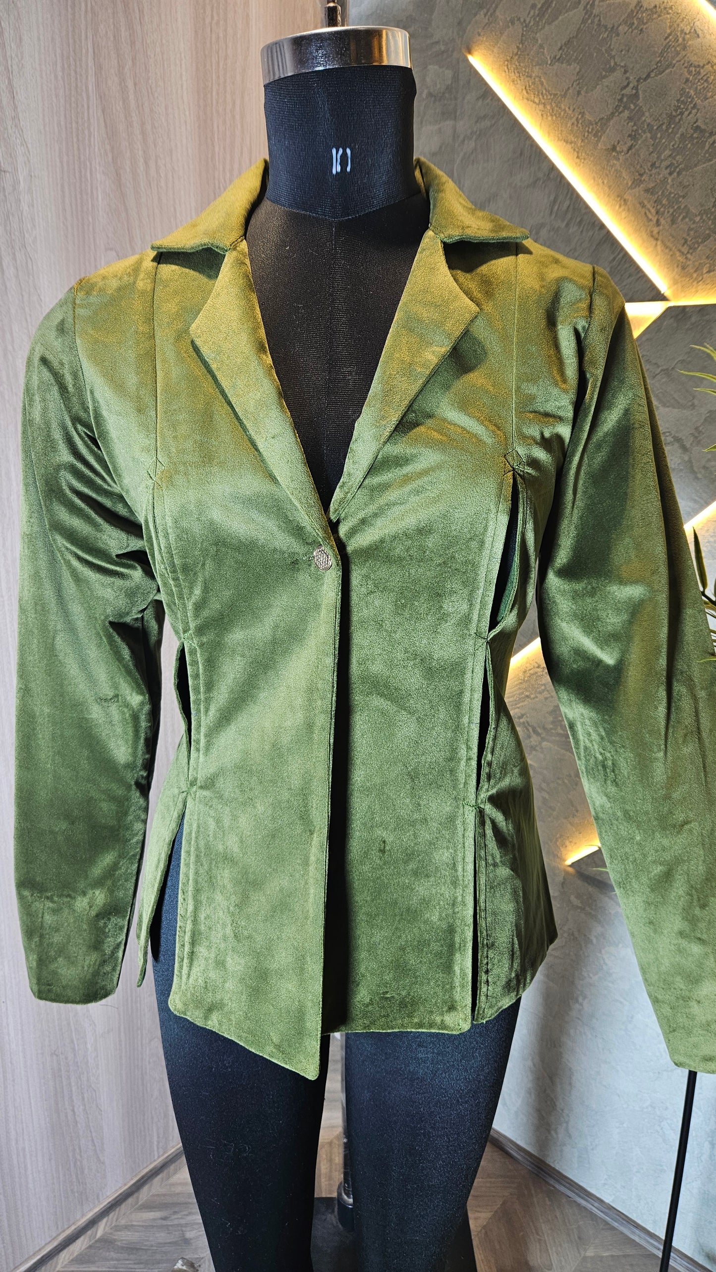 0116-J-HOB- Velvet Olive Green Blazer Jacket – Women’s Elegant Outerwear - Made in India