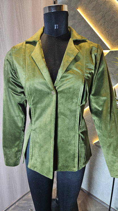 0116-J-HOB- Velvet Olive Green Blazer Jacket – Women’s Elegant Outerwear - Made in India