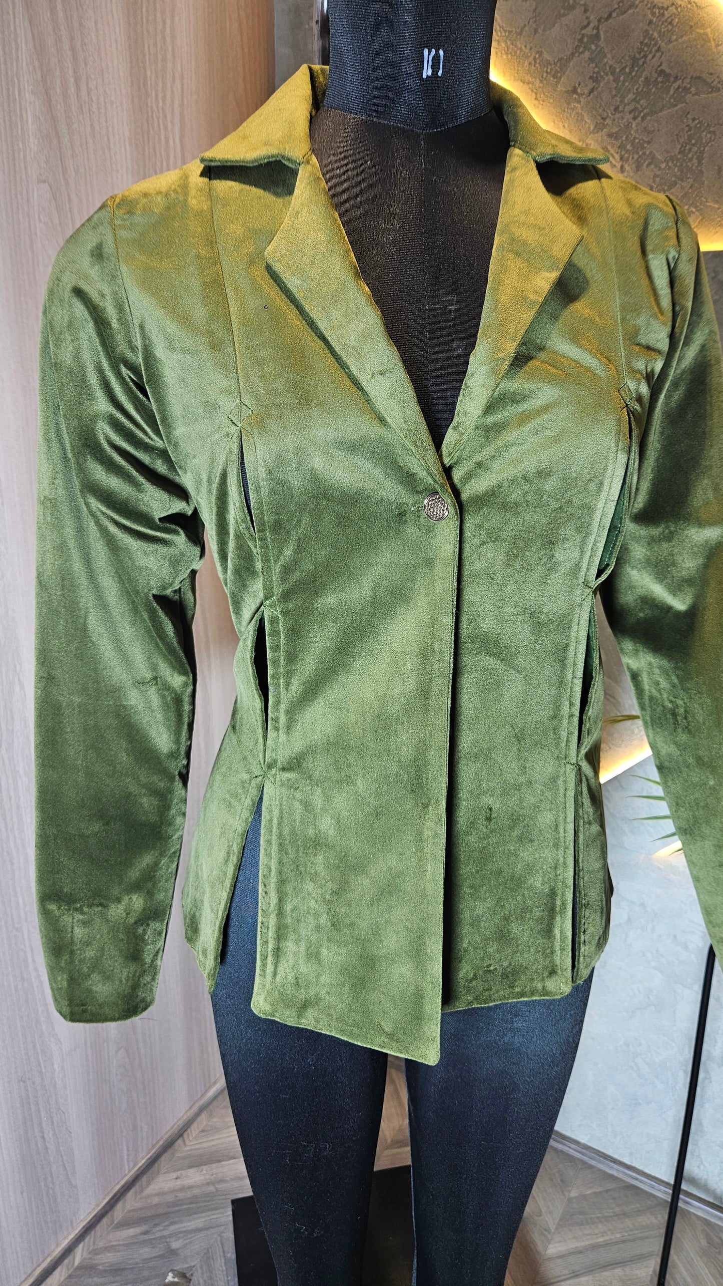0116-J-HOB- Velvet Olive Green Blazer Jacket – Women’s Elegant Outerwear - Made in India