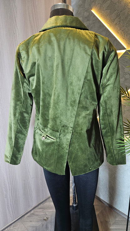 0116-J-HOB- Velvet Olive Green Blazer Jacket – Women’s Elegant Outerwear - Made in India