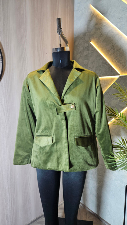 0117-J-HOB- Women's Olive Green Velvet Blazer Jacket - Made in India