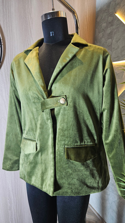 0117-J-HOB- Women's Olive Green Velvet Blazer Jacket - Made in India