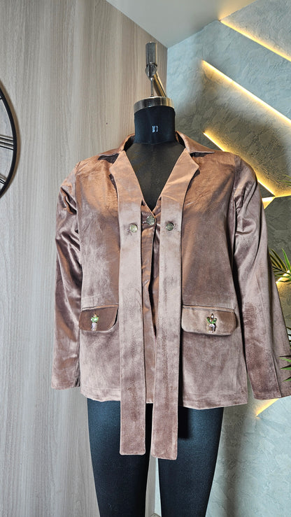 0120-J-HOB-Velvet Blazer-Style Women's Top with Embellished Pockets - Made in India