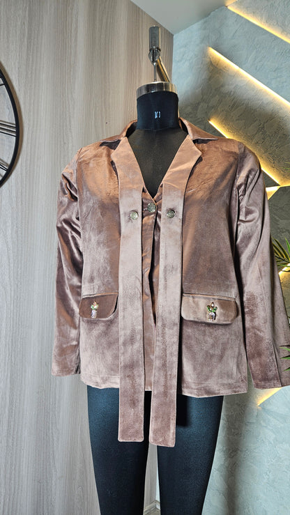 0120-J-HOB-Velvet Blazer-Style Women's Top with Embellished Pockets - Made in India