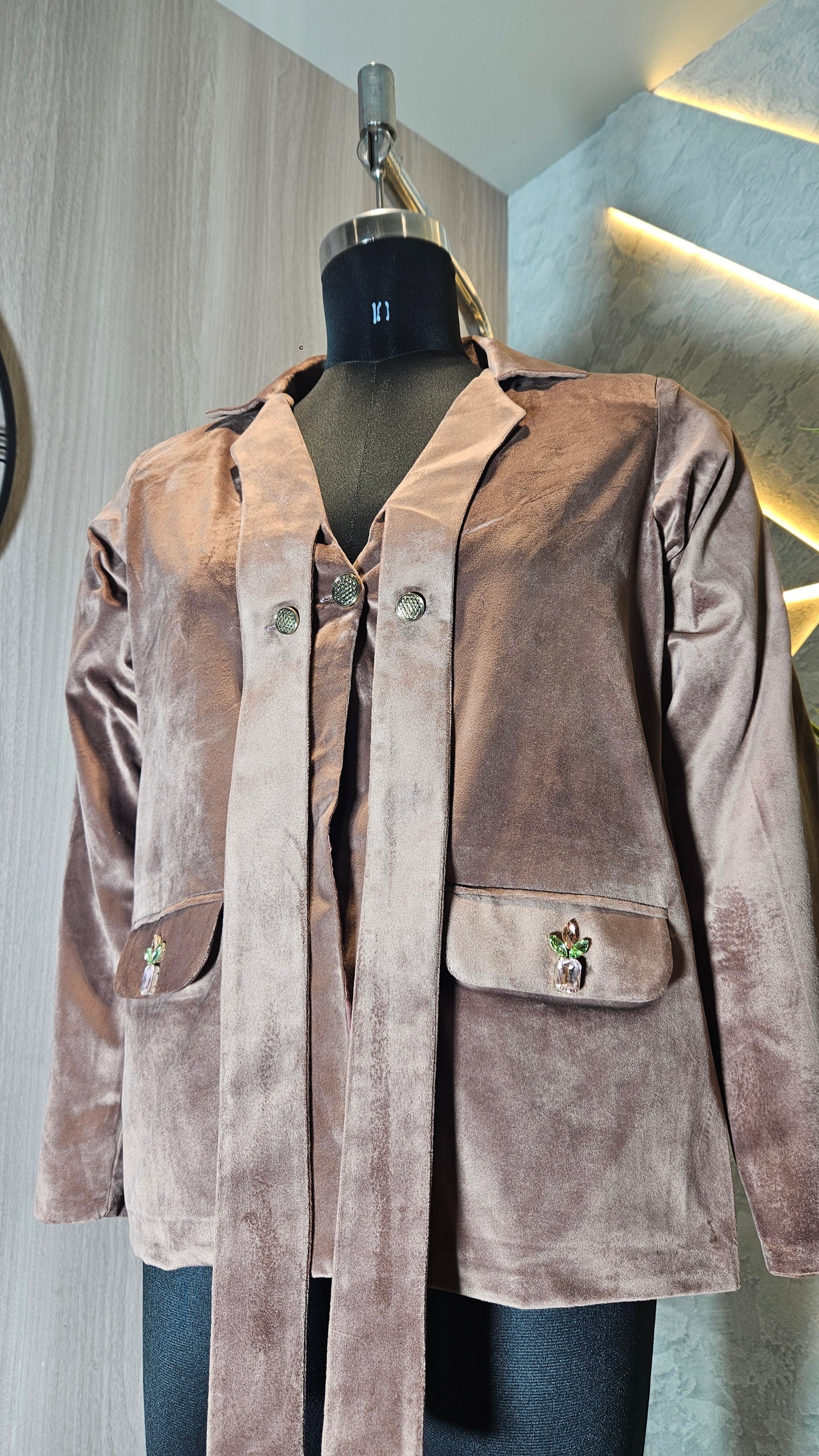 0120-J-HOB-Velvet Blazer-Style Women's Top with Embellished Pockets - Made in India