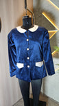 0122-J-HOB- Women's Velvet Contrast Collar & Pocket Buttoned Top - Made in India