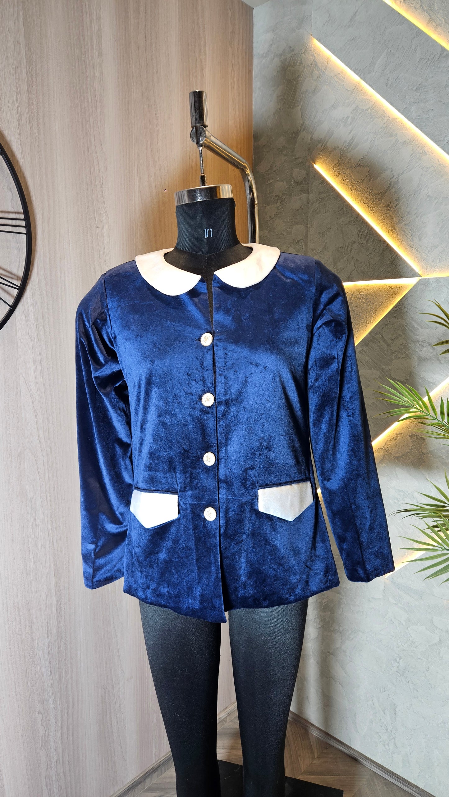0122-J-HOB- Women's Velvet Contrast Collar & Pocket Buttoned Top - Made in India