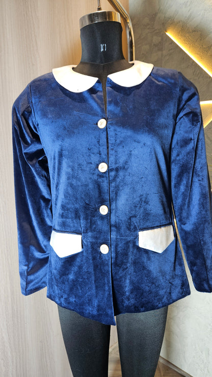 0122-J-HOB- Women's Velvet Contrast Collar & Pocket Buttoned Top - Made in India