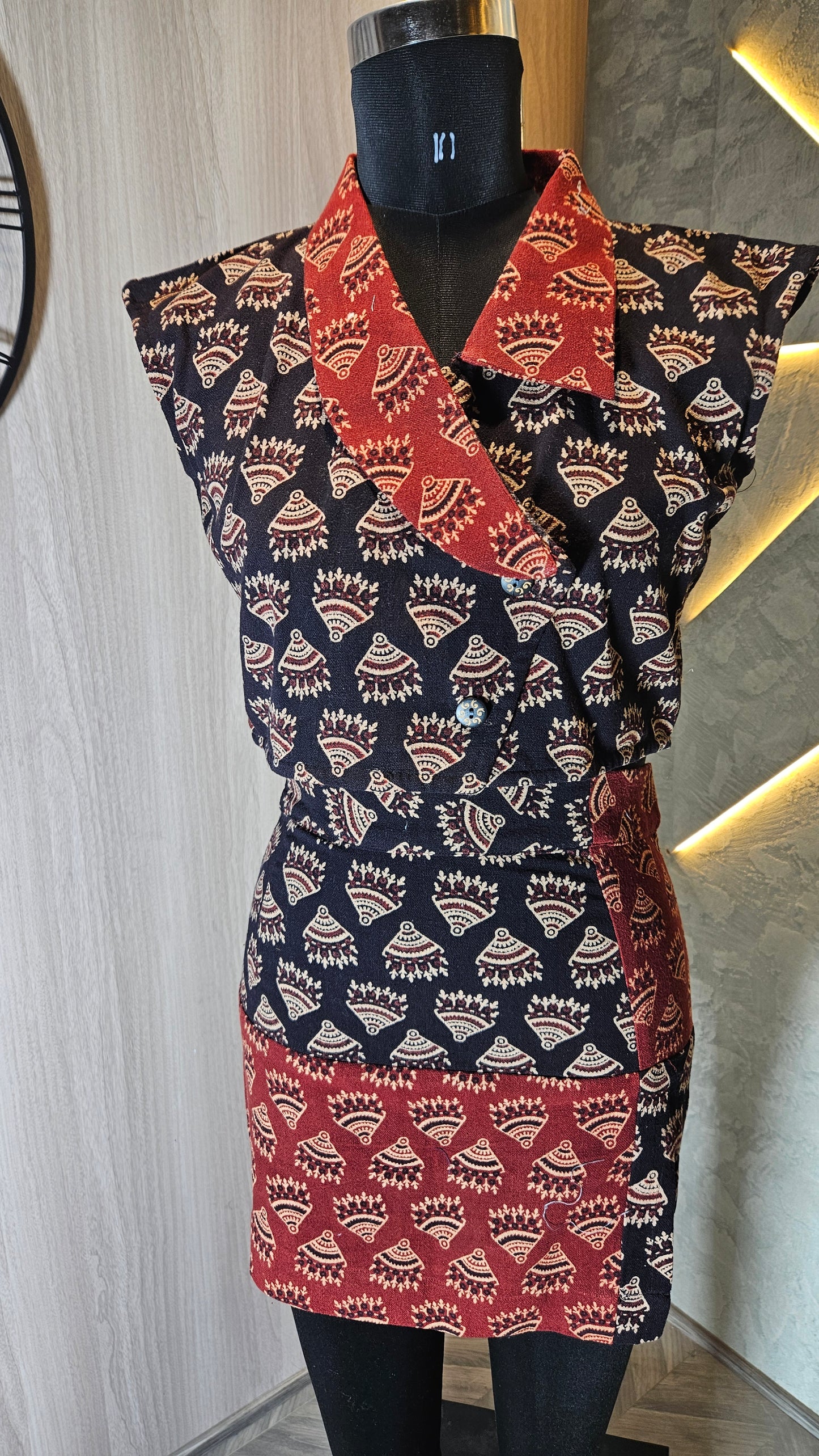 0125-C-HOB- Women's Ethnic Fusion Wrap Top with Skirt in Handblock Print - Made in India