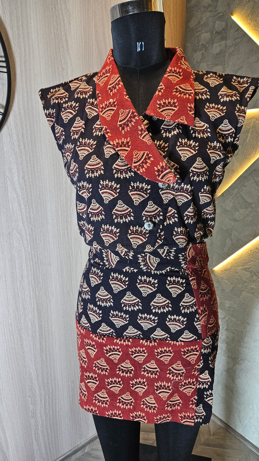 0125-C-HOB- Women's Ethnic Fusion Wrap Top with Skirt in Handblock Print - Made in India