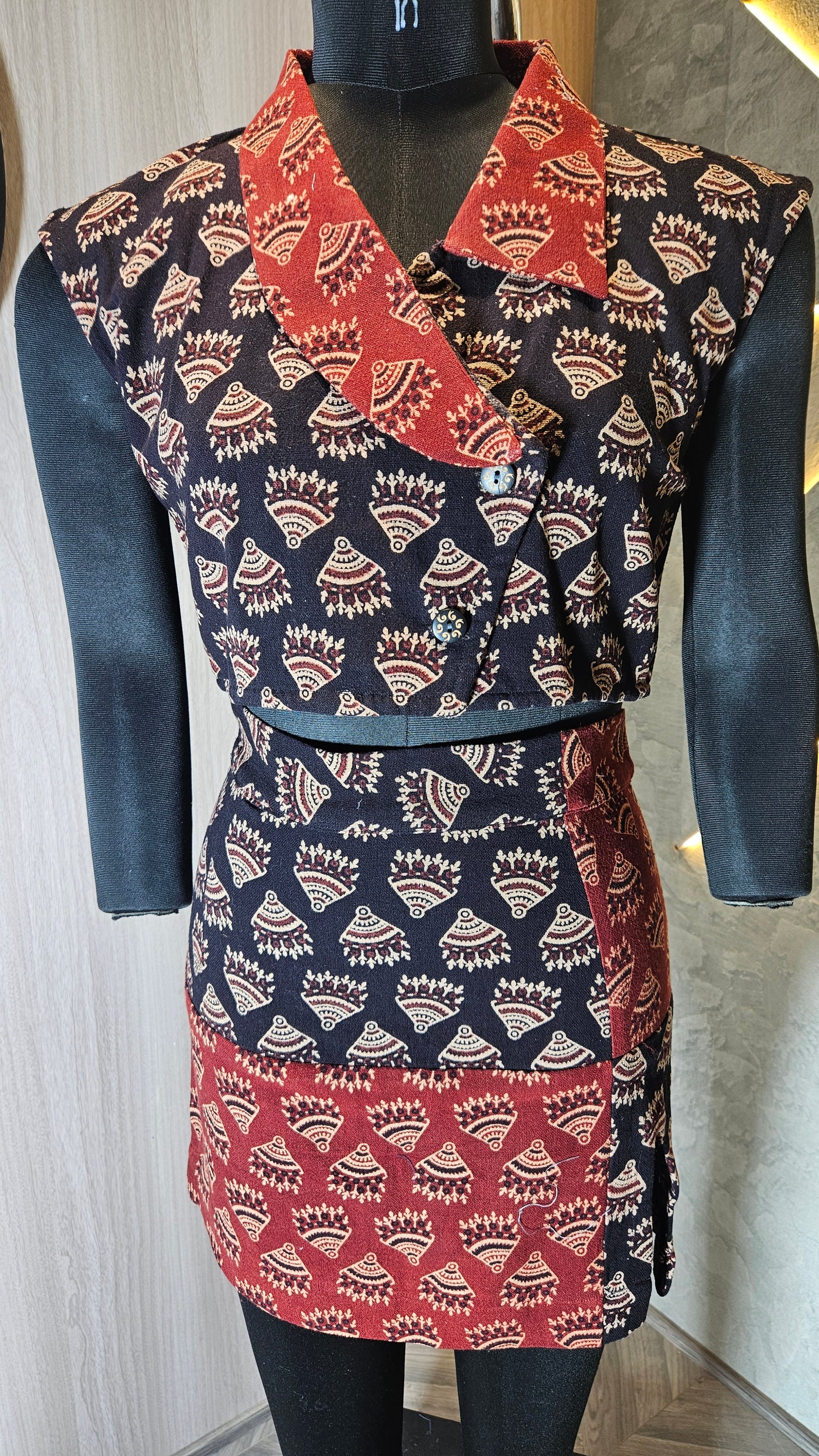 0125-C-HOB- Women's Ethnic Fusion Wrap Top with Skirt in Handblock Print - Made in India