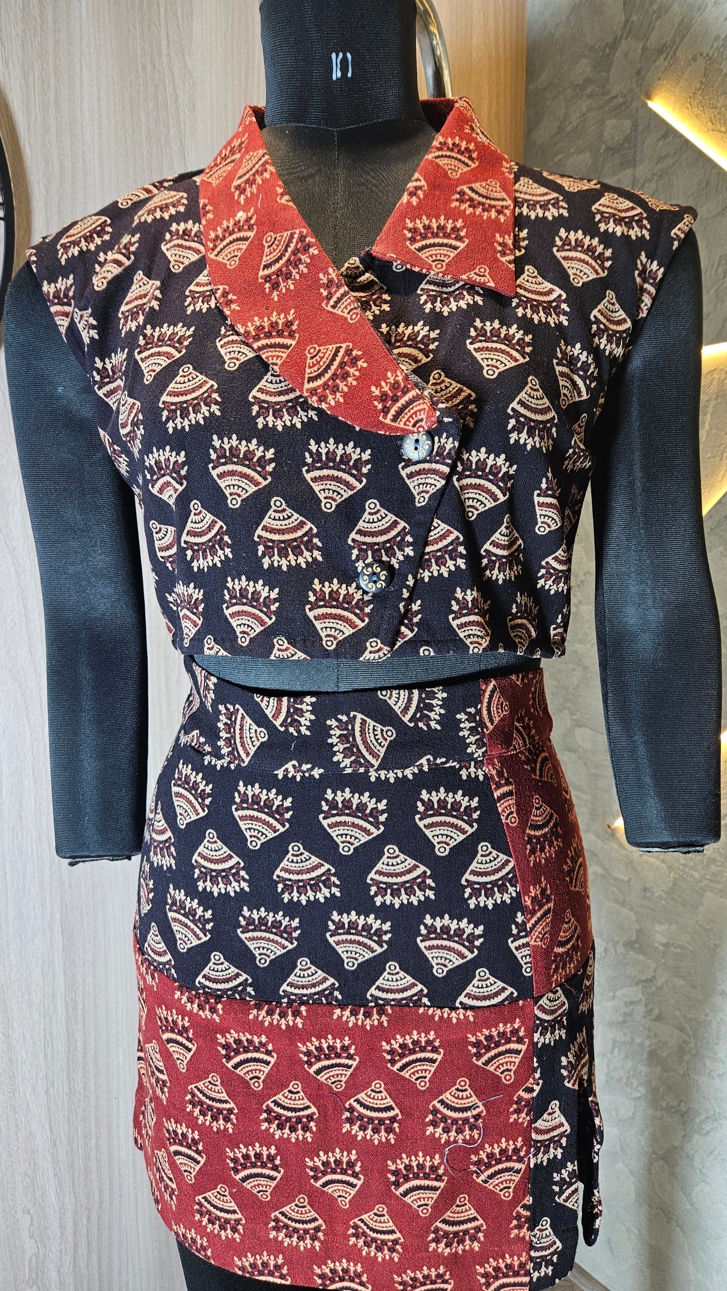 0125-C-HOB- Women's Ethnic Fusion Wrap Top with Skirt in Handblock Print - Made in India