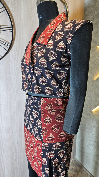 0125-C-HOB- Women's Ethnic Fusion Wrap Top with Skirt in Handblock Print - Made in India