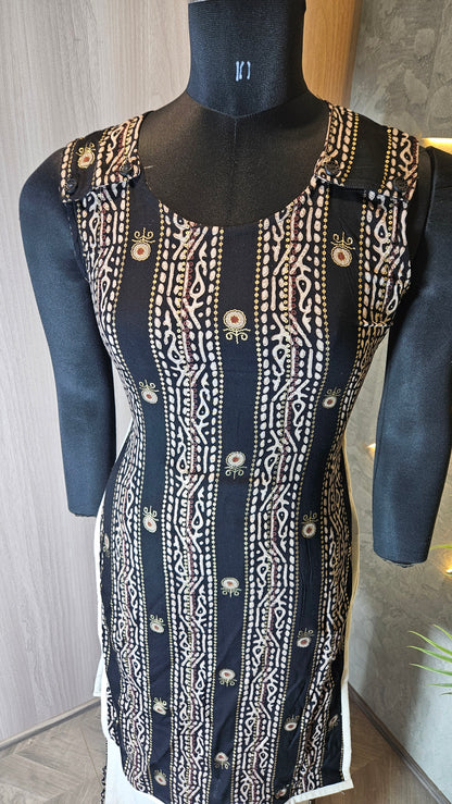 0127-C-HOB- Handcrafted Ethnic Black & Beige Kurti Set- Made in India