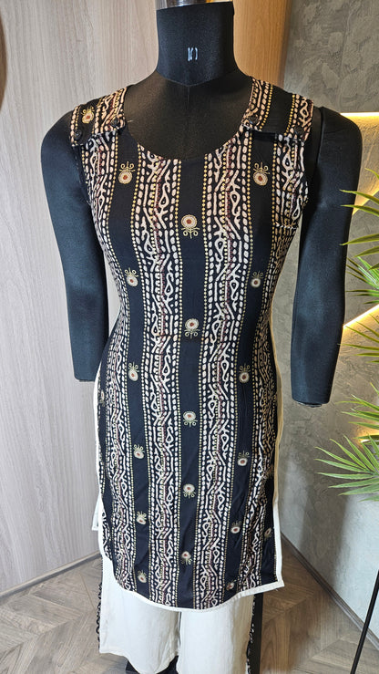 0127-C-HOB- Handcrafted Ethnic Black & Beige Kurti Set- Made in India
