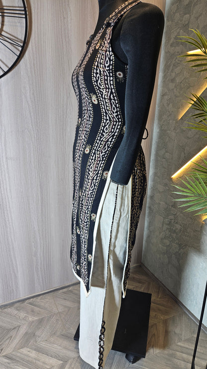 0127-C-HOB- Handcrafted Ethnic Black & Beige Kurti Set- Made in India