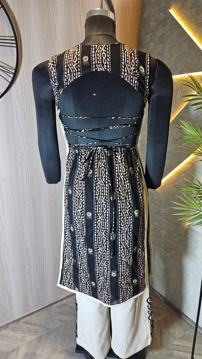 0127-C-HOB- Handcrafted Ethnic Black & Beige Kurti Set- Made in India